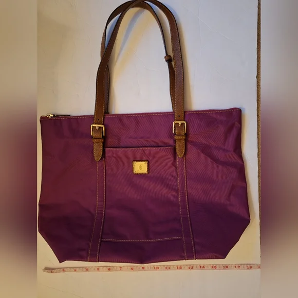 Ralph Lauren Purple Magenta Nylon Tote Shoulder Bag With Brown Straps - Picture 8 of 10
